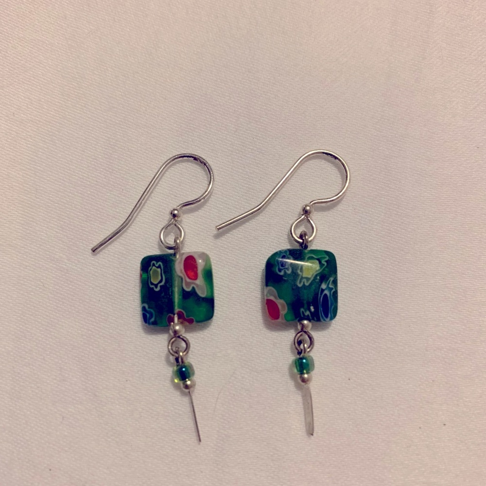 Silver Green Floral Square Dangling Earrings